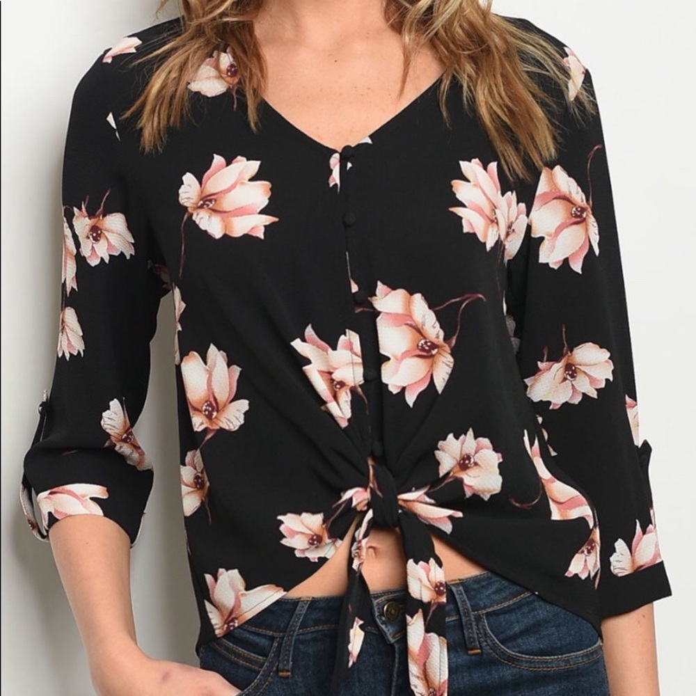 ❌DONATED❌Black Floral Front Tie Button Up V-neck Top - Picture 2 of 9